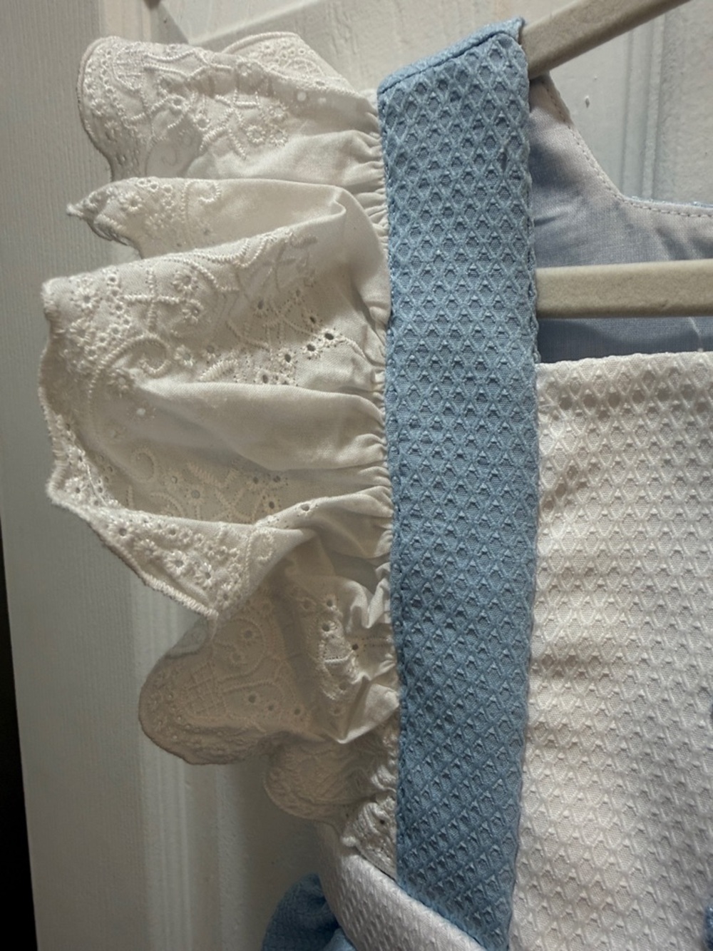 Blue Embroidered Pinafore Set with Eyelet Sleeve Top - Picture 4 of 6